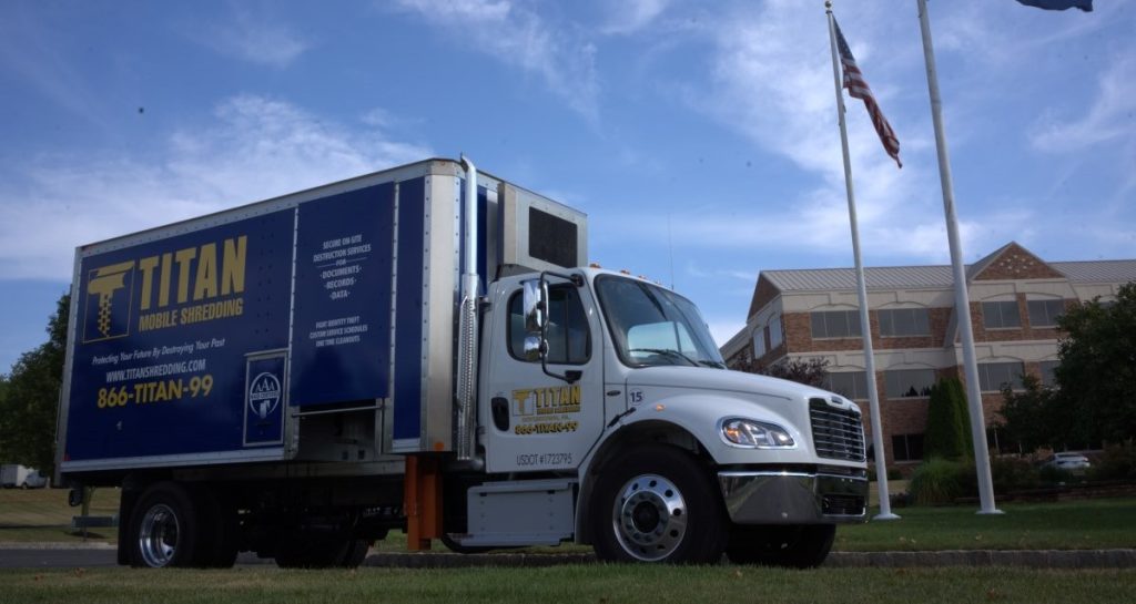 mobile shredding truck shredding documents on-site