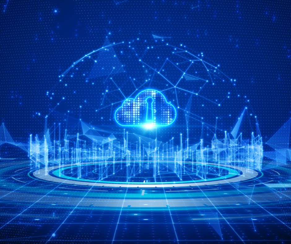 A digital illustration depicting a futuristic, glowing cloud icon surrounded by interconnected lines and nodes, symbolizing cloud computing and data networks. The background consists of a matrix-like grid and various abstract data patterns.