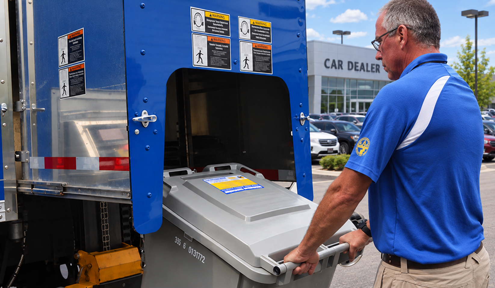 Delivery Worker Loading Bin at Car Dealership